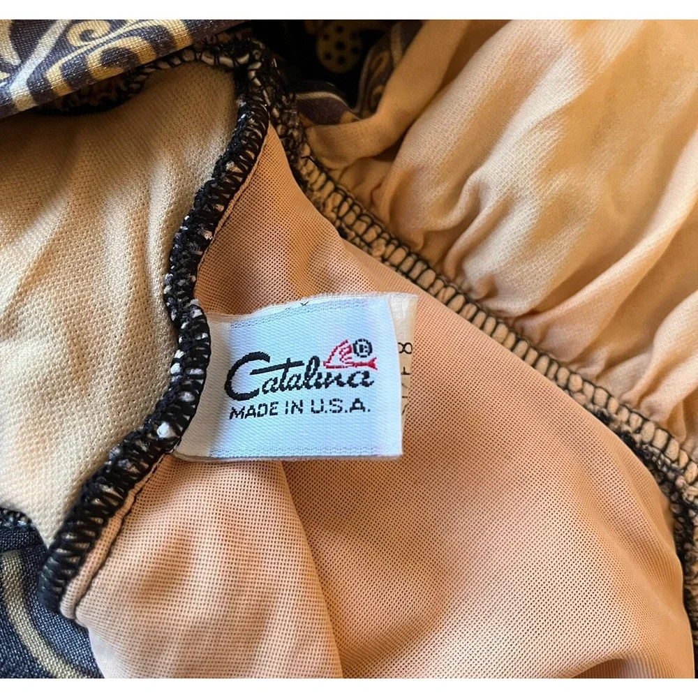 Vintage Catalina One Piece Bathing Suit Black Gold Ruched Lined Size 8 USA Made